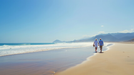 Senior couple with surfboard walking on the beach