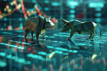 Origami bull and bear on stock ticker tape, market trends visualization, with copy space