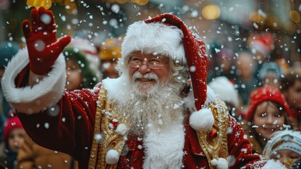 Santa Claus waving during a festive holiday parade with snow falling and cheerful crowd in the background.
