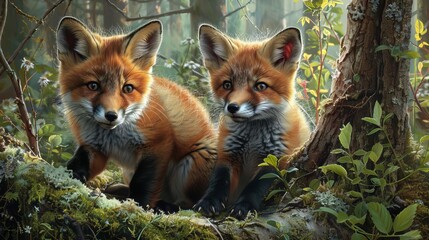 Playful fox cubs frolicking in a lush spring forest, embodying the enjoyment of wildlife, Springtime Frolic