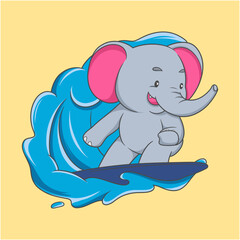 cartoon elephant is riding a surfboard in the ocean