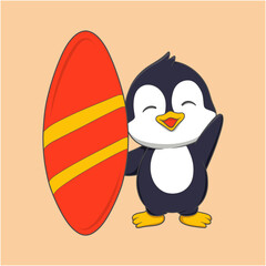 cartoon penguin is holding a red surfboard