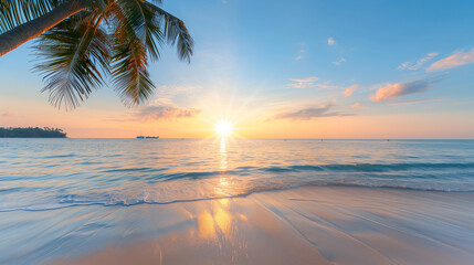 Fototapeta premium Sunset on a tropical beach with palm trees 