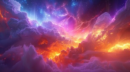  A vibrant sky teeming with numerous clouds and stars, scattered evenly in the middle