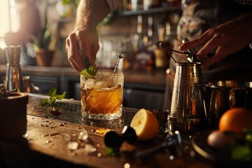 Bartender crafting whisky cocktail  ingredients and tools arranged neatly on bar