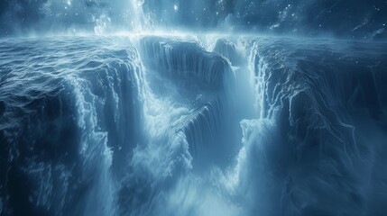  A sizable waterfall, situated in the heart of a water body, radiates a brilliant beacon from its summit