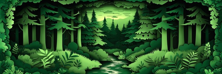 Paper Cut Forest Scene with Stream