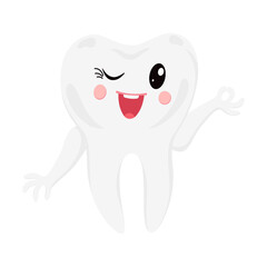 A cheerful winking kawaii tooth baby isolated on white background. Funny dental character for childrens dentistry.