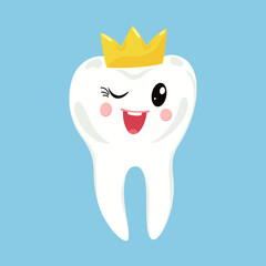 Postcard with a perky white tooth in a gold crown on a blue background. Cute tooth fairy for children's dentistry. Celebrating the loss of the first tooth.