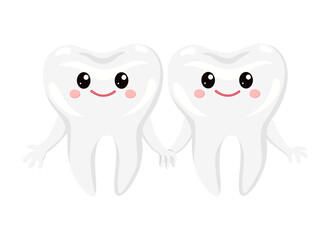 Two cute teeth holding hands. Each tooth has large eyes, rosy cheeks, and a cheerful smile, giving them a friendly appearance. For promoting oral hygiene and attracting children to dental care.