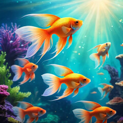 Fototapeta premium Vibrant orange white yellow blue red reef fish swim through coral reef. Sun rays pierce sea water. Variety of animal. Ecology hydrosphere. Anthropogenic factor influencing death of coral reefs. AI