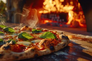 Rustic wood-fired pizza with fresh basil, Italian favorite, with copy space
