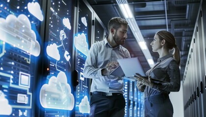 It specialist and server technician discuss work in data center with cloud server visualization