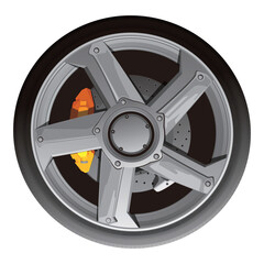 Obraz premium Vector car wheel. Rear wheel. Brake pads. Volumetric wheel