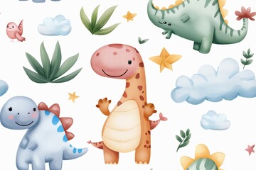 Cute dinosaurs and playful prehistoric scenes in a seamless kids' pattern, rendered in watercolor style