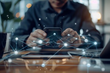 Businessman with smartphone analyzing growth graph for digital marketing and online banking