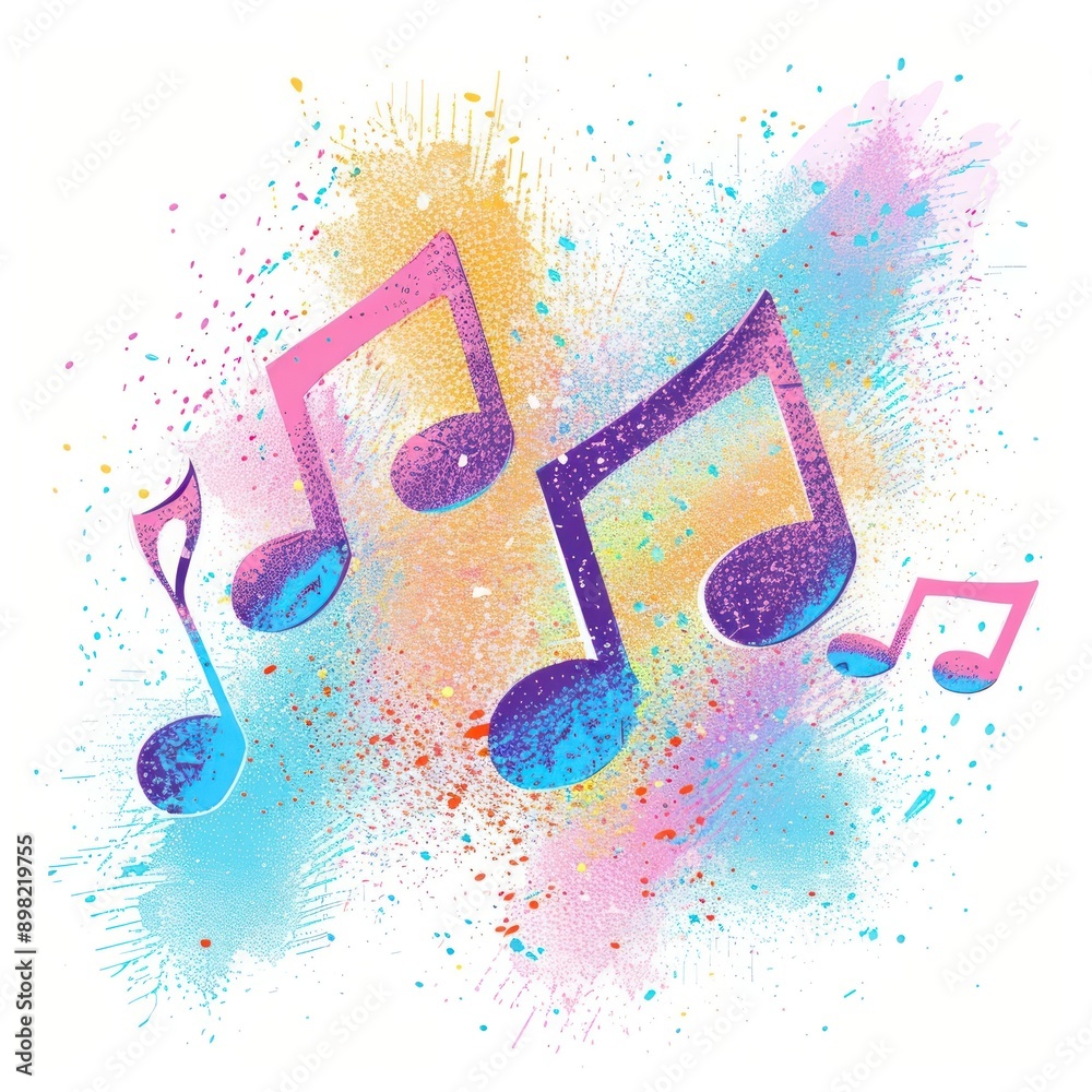 Sticker musical notes icon risograph style backgrounds purple text.