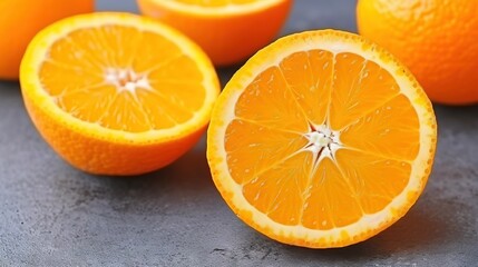 Fototapeta premium Oranges arranged on a table, resting on a gray background