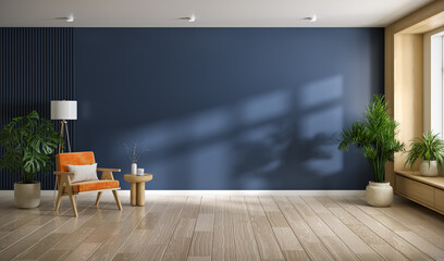 Minimal design ,DarkBlue mock up wall  , living room ,have a easy armchair with wood cabinet and wood floor parquet, 3d render