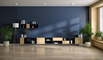 Dark blue wall mockup for TV wall mount, Modern interior ,empty room with cozy home wood cabinet and wood floor parquet, 3d render