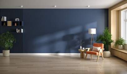 Minimal design ,DarkBlue mock up wall  , living room ,have a easy armchair with wood cabinet and wood floor parquet, 3d render