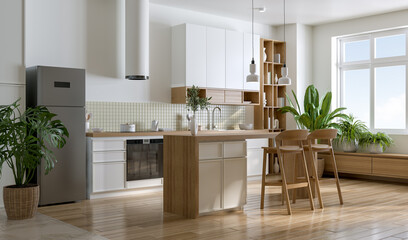 Modern minimal white kitchen room .island counter bar white color and wooden materal and dining table have modern chair with plant in space ,3D rendering