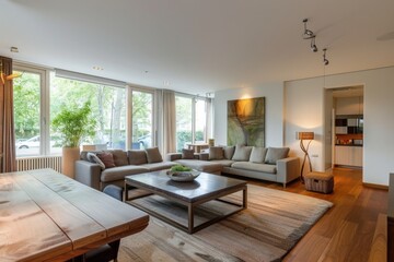 Luxury living room with wooden table and sofa. Northwest, USA