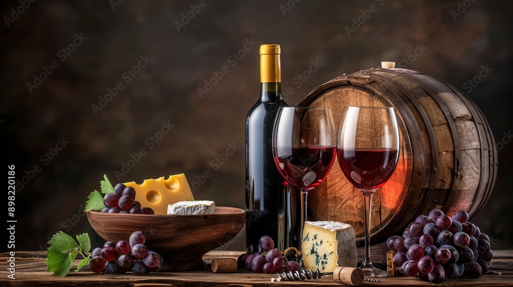 Aufkleber two glasses of red wine sit on a wooden table with cheese, grapes, and a bottle of wine in the backg