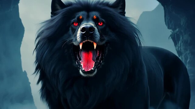 Black Wolf Roaring in a Misty Forest