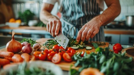  Person chops veggies on cutting board, kitchen counter holding more vegetables