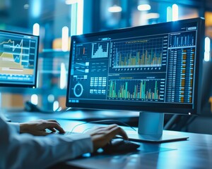 Tech industry data analyst with computer dashboard for business analysis and management system
