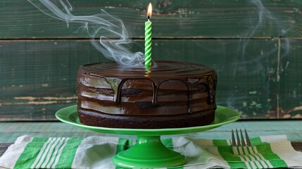   A chocolate cake rests atop a green plate, featuring a lit candle protruding from its peak