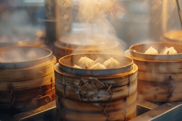 Steaming dim sum in Hong Kong, bamboo steamers, with copy space