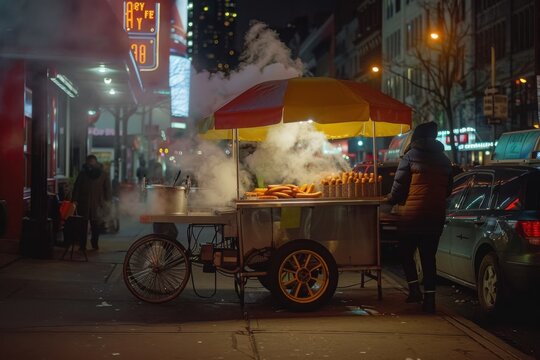 Steaming hot dog cart in New York City, urban life, with copy space