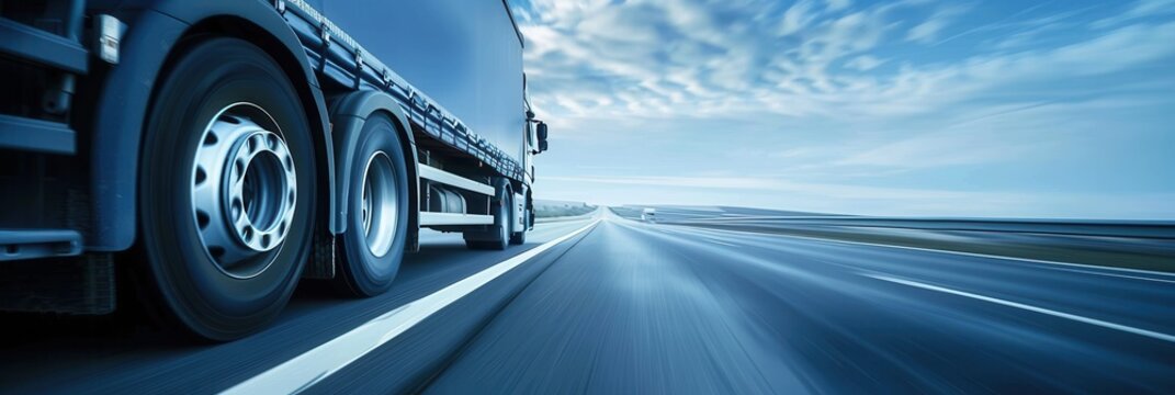 A semi truck drives along a highway with an open horizon and blue sky, showcasing a sense of vastness and freedom. Generative AI