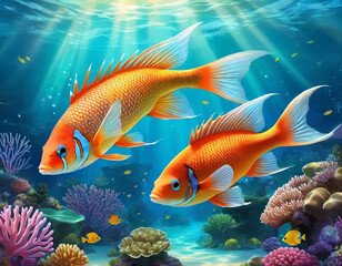 Fototapeta premium Vibrant orange white yellow blue red reef fish swim through coral reef. Sun rays pierce sea water. Variety of animal. Ecology hydrosphere. Anthropogenic factor influencing death of coral reefs. AI