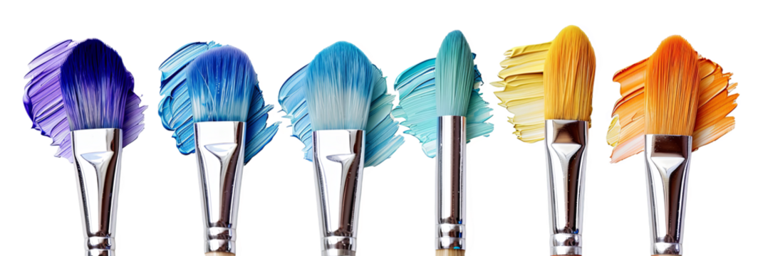 Paintbrushes with colorful paint strokes art supplies transparent background