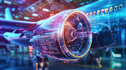 Futuristic aircraft engine visualized with holographic data overlay. High-tech aerospace engineering concept showing digital twin technology, aircraft diagnostics, advanced analytics vibrant colors.