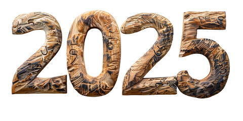 Fototapeta premium Wooden number 2025 detailed carvings milestone transparent background