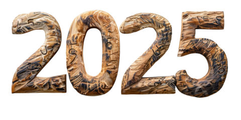 Wooden number 2025 detailed carvings milestone transparent background