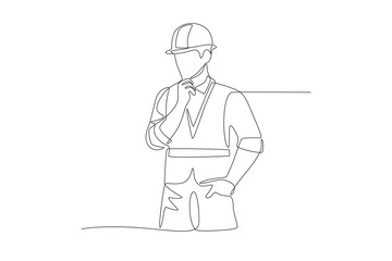 Male technician thinking about work. Labor concept one-line drawing