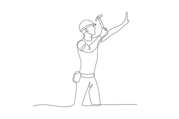 Male technician hammering. Labor concept one-line drawing