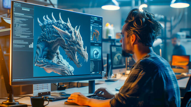 3d designer is working on a dragon model for a video game