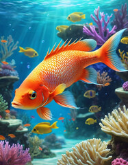 Fototapeta premium Vibrant orange white yellow blue red reef fish swim through coral reef. Sun rays pierce sea water. Variety of animal. Ecology hydrosphere. Anthropogenic factor influencing death of coral reefs. AI
