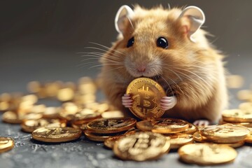 cartoon naive hamster holding bitcoin on a light background, symbolizes a newcomer to the world of cryptocurrencies, Hamster Kombat concept