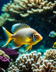 Fototapeta premium Vibrant orange white yellow blue red reef fish swim through coral reef. Sun rays pierce sea water. Variety of animal. Ecology hydrosphere. Anthropogenic factor influencing death of coral reefs. AI