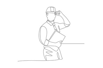 Male technician holding laptop. Labor concept one-line drawing