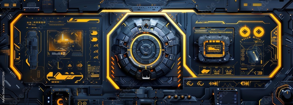 Poster design a hud, gui interface helmet with a virtual reality interface. cyberpunk interface for vr with