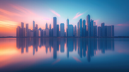 Obraz premium A modern cityscape during what appears to be sunset or sunrise. Skyscrapers of varying heights dominate the scene, with their reflective glass surfaces capturing the hues of the sky
