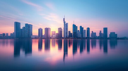 Obraz premium A modern cityscape during what appears to be sunset or sunrise. Skyscrapers of varying heights dominate the scene, with their reflective glass surfaces capturing the hues of the sky